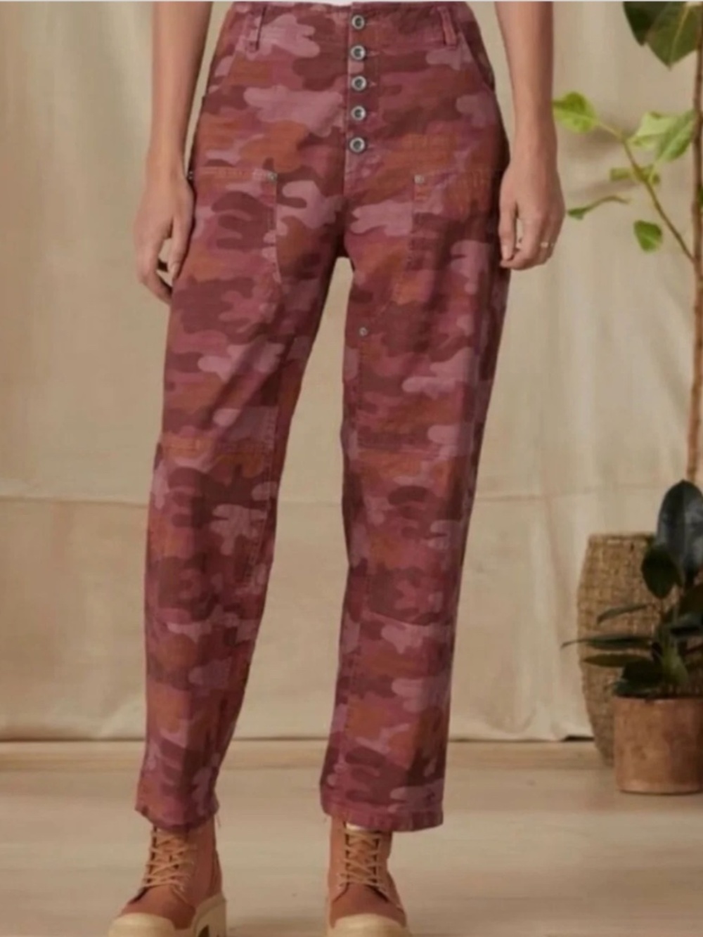 Sundance Quincy Pink Brown Camo Crop Pants Button Fly Utility Size P8 Summer